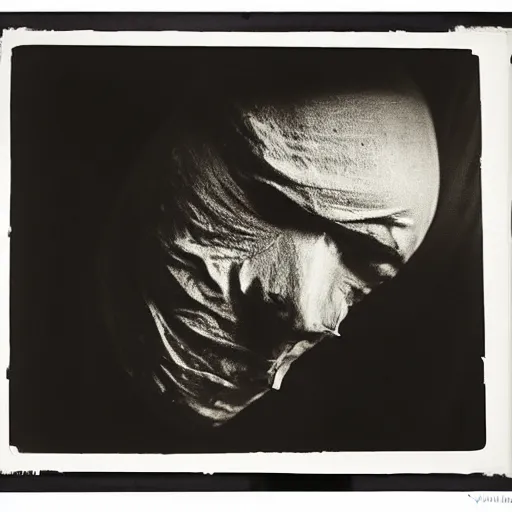 Image similar to black and white photograph the burned man wrapped in linen portrait dramatic lighting by Walker Evans