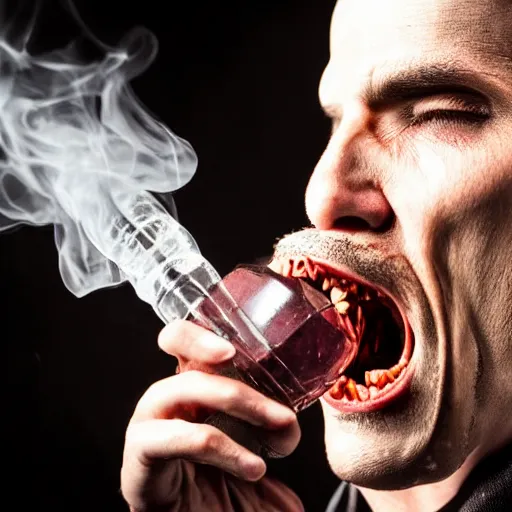 Image similar to dracula exhaling a large hit from his skull shaped crystal bong, award winning professional marijuana photography