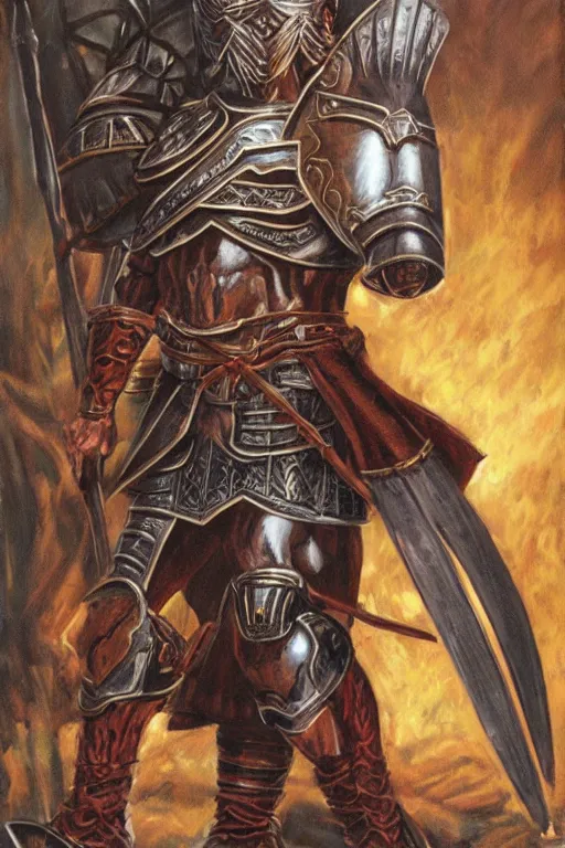 Image similar to wizards of the coast fantasy roman gladiator in armor in the style Larry Elmore