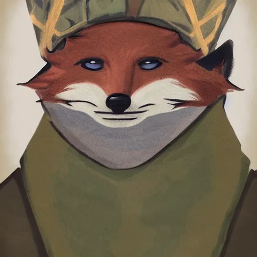 Image similar to 8k UHD, painting in the style of WW1 propaganda, trending on artstation: (subject = anthropomorphic fox soldier resting in a trench + subject detail = fox head, anthropomorphic, high detail, high texture detail)