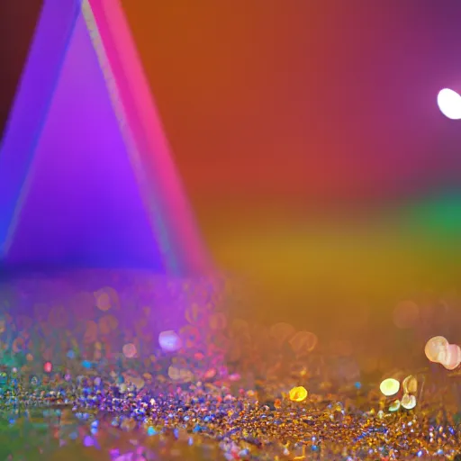 Prompt: DSLR still of a prism taking in white light on one side and splitting it into fire water wind and earth, 8k, f1.8, shallow depth of field, heavy bokeh