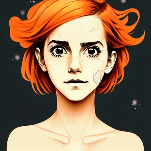 Image similar to beautiful anime girl, Emma Watson, orange glowing hair, sarcastic smiling, clear clean face, symmetrical face, style by Loish, Norman Rockwell, painterly style, flat illustration, high contrast