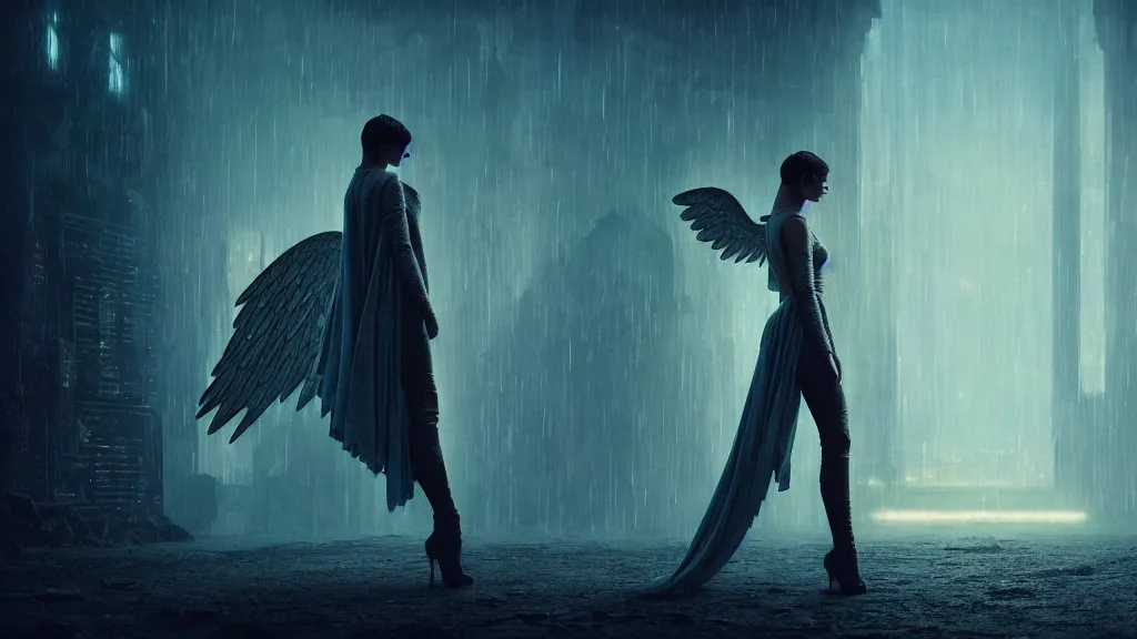 Prompt: angel, big wings, low key light, full plate armor with cloth, f 1 6, bokeh, blade runner 2 0 4 9, medium portrait, gentle, female, ornate city ruins, landscape, d & d, fantasy, intricate, elegant, highly detailed, teal white gold color palette, roger deakins, sharp focus, greg rutkowski and alphonse mucha