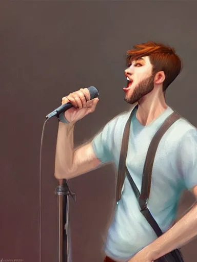 Image similar to a young handsome man, singing in a public square. intricate, elegant, highly detailed, digital painting, artstation, concept art, sharp focus, illustration, by justin gerard and artgerm, 8 k