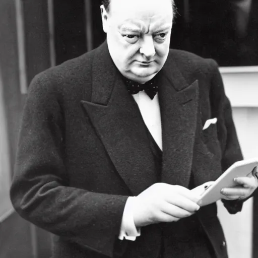 Prompt: A black and white photograph, circa 1940s, of Winston Churchill looking down at his smartphone