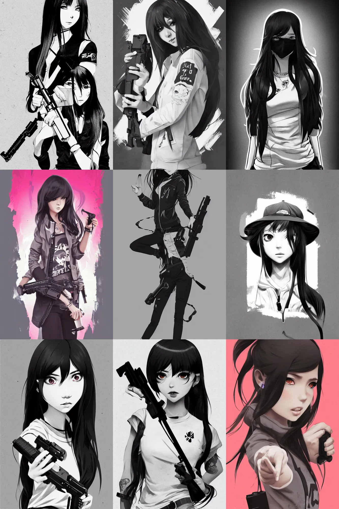 Prompt: character poster of girl gang leader in modern streetwear holding a gun, long straight hair, grayscale, cute face, pretty face, anime by kuvshinov ilya, artgerm and greg rutkowski, 4 k, graphic design, adobe illustrator, behance, trending on artstation