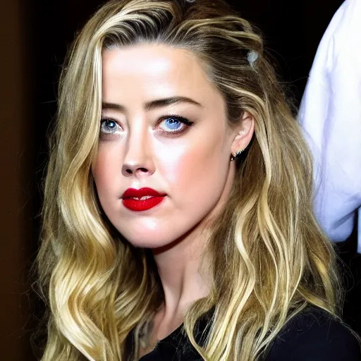 Image similar to amber heard behind bars locked in a jail cell with a frown on her face and wearing a prisoner uniform