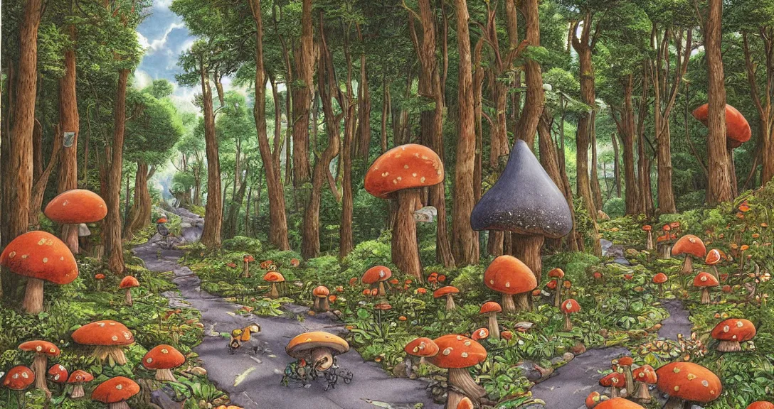 Image similar to road in a forest road, with different birds and animals, small and big fairy tale buildings, giant mushrooms, weird creatures, highly detailed, fantasy art, fairy tale illustration, book illustration, by sven nordqvist, by studio ghibli,
