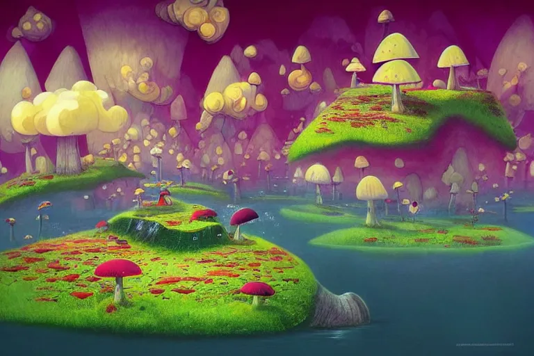 Prompt: surreal mushroom kingdom, floating island in the sky, waterfalls, summer morning, very coherent and colorful high contrast, art by!!!! gediminas pranckevicius!!!!, geof darrow, dark shadows, hard lighting