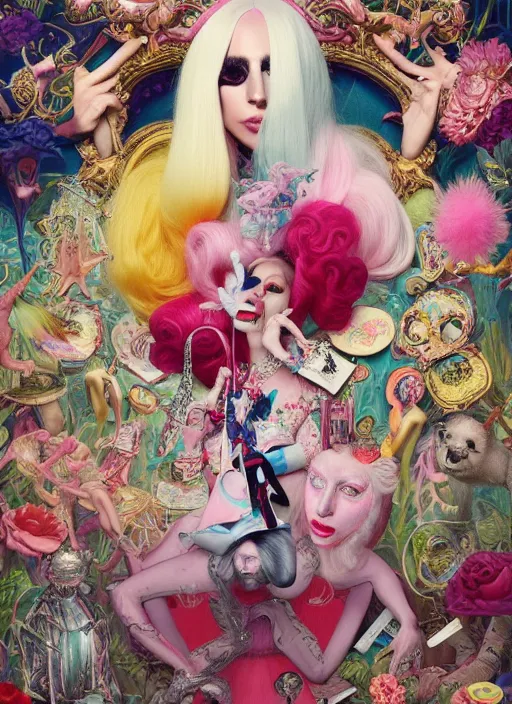 Image similar to lady gaga in wonderland : : by martine johanna and simon stalenhag and chie yoshii and casey weldon and wlop : : ornate, dynamic, particulate, rich colors, intricate, elegant, highly detailed, vogue, harper's bazaar art, fashion magazine, smooth, sharp focus, 8 k, octane render,