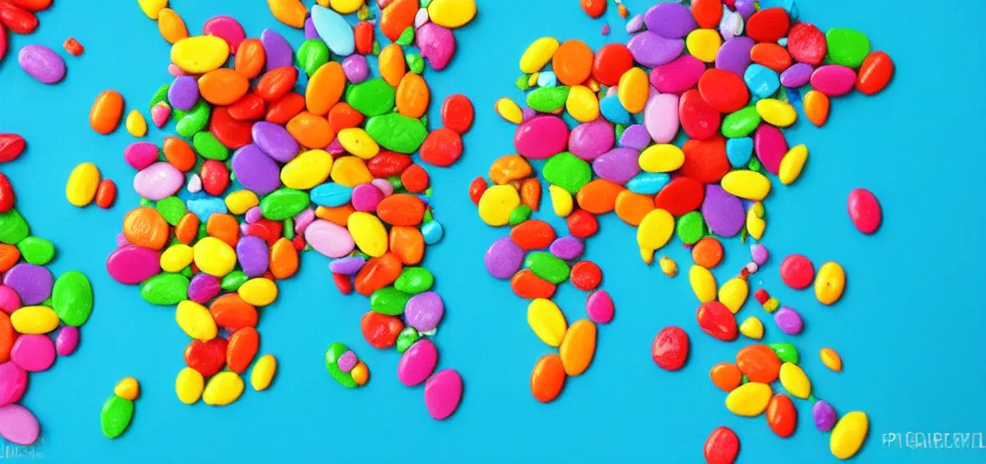 Prompt: world map made out of candy pieces