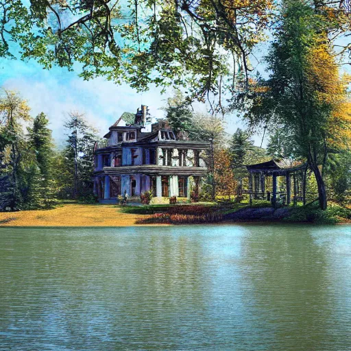 Prompt: old mansion in the woods beside a lake, artstation
