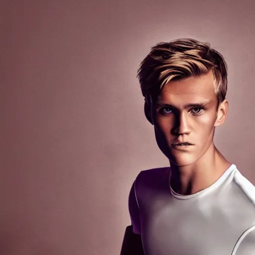 Image similar to a realistic detailed photo of a guy who is an attractive humanoid who is half robot and half humanoid, who is a male android, soccer player martin ødegaard, shiny skin, posing like a statue, blank stare, in a living room, on display, showing off his muscles, hypnotic eyes