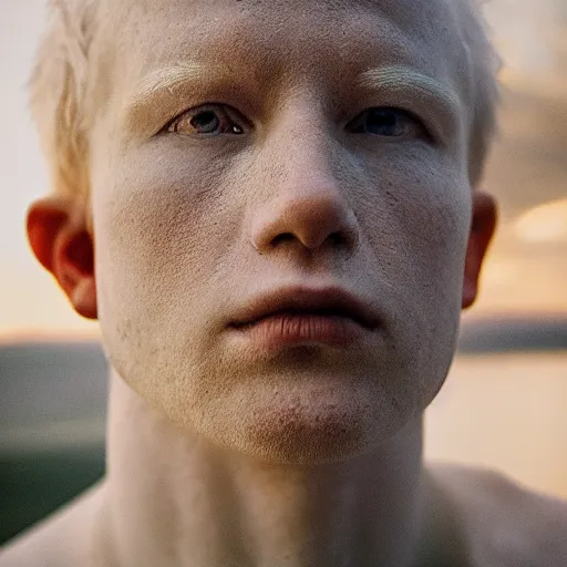 Prompt: color portrait of an albino male by emmanuel lubezki