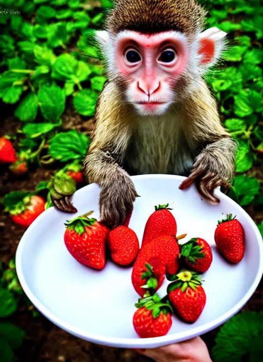 Image similar to Rabbit-capuchin hybrid eating strawberries from a tray. Bunny-monkey creature. Shot on iPhone. HD digital photography.