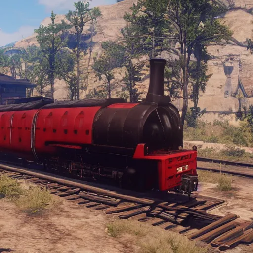 Image similar to futuristic sleek steam locomotive in red dead redemption 2