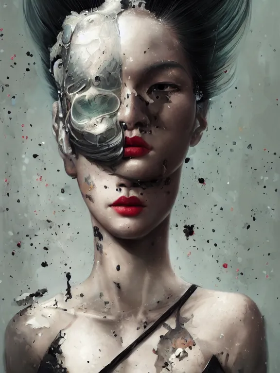 Image similar to a photorealistic splatterpunk portrait of a gorgeous Asian woman with shadowy eyes and bonewhite hair, with black glossy lips, hyperrealistic, award-winning, 8k, in the style of Tom Bagshaw, Cedric Peyravernay, Peter Mohrbacher