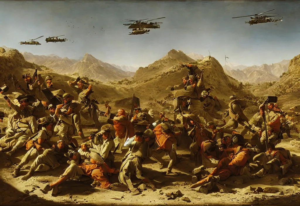 Image similar to afghanistan war by jacques - louis david, desert, us army, battlefield, helicopters firing, bombs