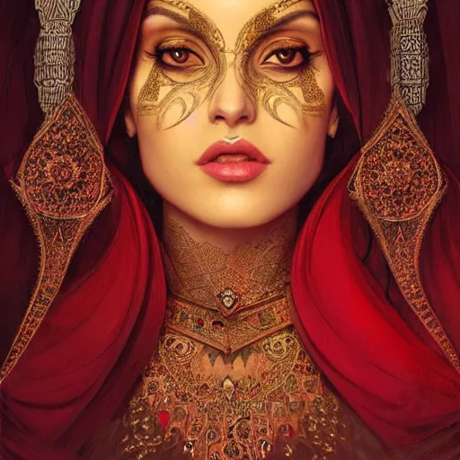 Image similar to Beautiful portrait of a Persian Princess who is an architect, beautiful princess, face painting, architecture, persian style architecture, dramatic lighting, intricate, wild, highly detailed, digital painting, artstation, concept art, smooth, sharp focus, illustration, black+velvet+red, art by artgerm and greg rutkowski and alphonse mucha, footage from space camera