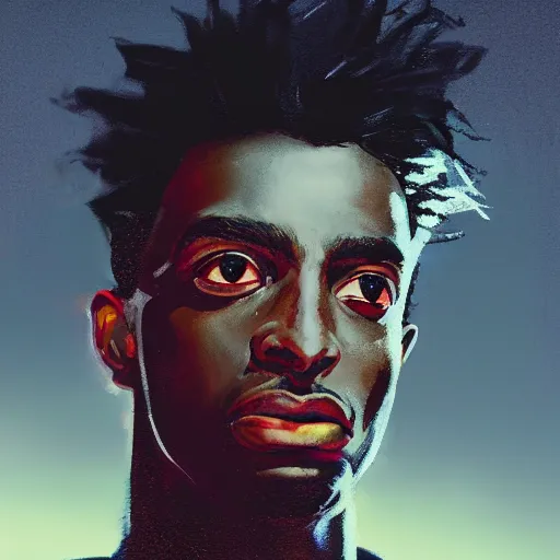 Image similar to cyberpunk, closeup portrait of a playboi carti, dramatic light, city background, sunset, dystopian setting, high contrast, sharp, neuromancer, henry dorsett case, painted by stanley lau, painted by greg rutkowski, painted by stanley artgerm, digital art, trending on artstation