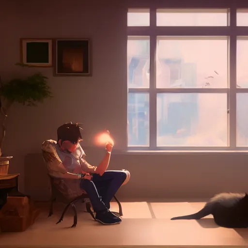 Prompt: a man and cat in a room. the man sits on a chair. digital art. artstation. realistic. vibrant. illustration. in the style of pixar movie. octane render. art by makoto shinkai, stanley artgerm lau, wlop, rossdraws. volumetric lighting.