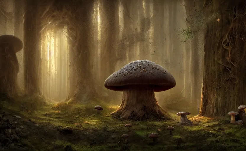 Prompt: A mushroom house in a tall mushroom, warm light coming from the windows, small door and windows in the mushroom, in a dark forest, macro, cool tones, underexposed, overecast, mysterious matte painting by greg rutkowski and marc simonetti and Ivan Shishkin, 4k