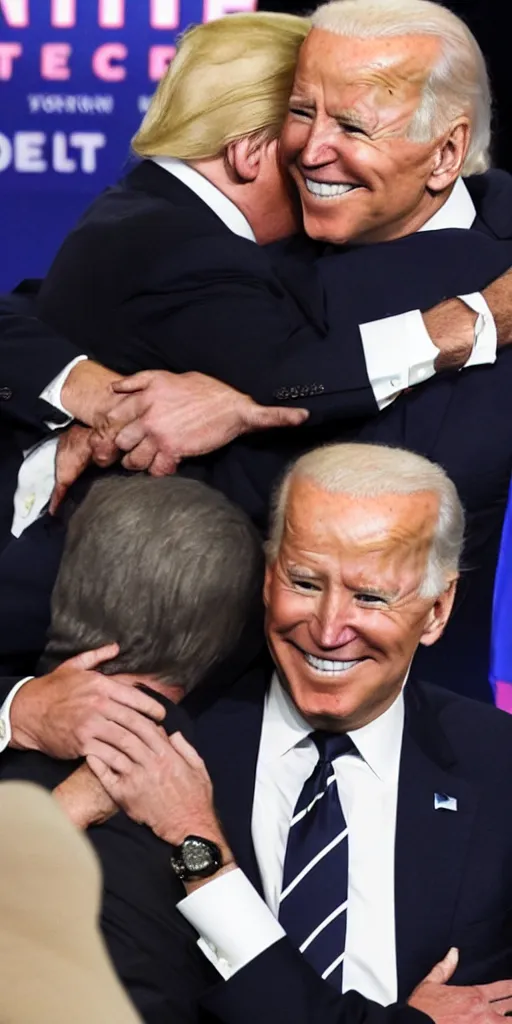 Prompt: donald trump giving joe biden a warm and loving hug