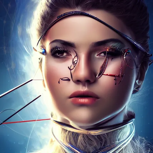 Prompt: action portrait of an astonishing beautiful futuristic archer, realistic, artgerm style, 4k