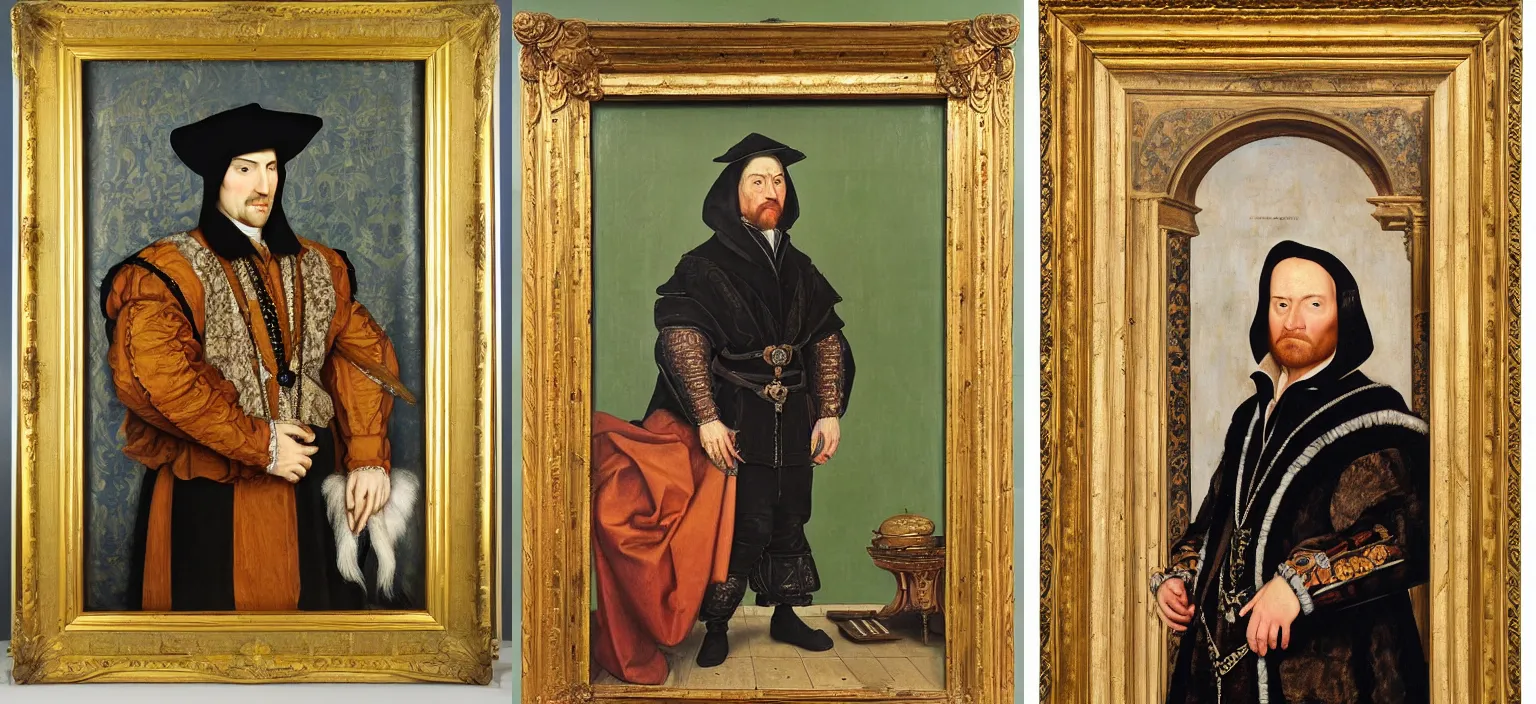 Prompt: An oil on wood painting of Craig Aeon Macdonald from New Plymouth, in the style of Hans Holbein the Younger, in a highly ornate medieval frame, highly detailed, ultra-detailed