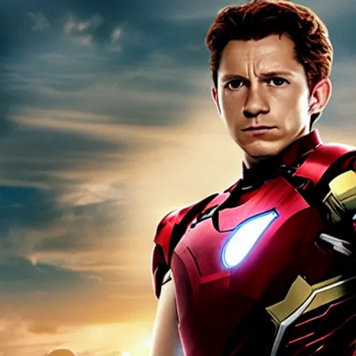 Image similar to promotional image of Tom Holland as Iron Man in Iron Man（2008）, he wears Iron Man armor without his face, movie still frame, promotional image, imax 70 mm footage