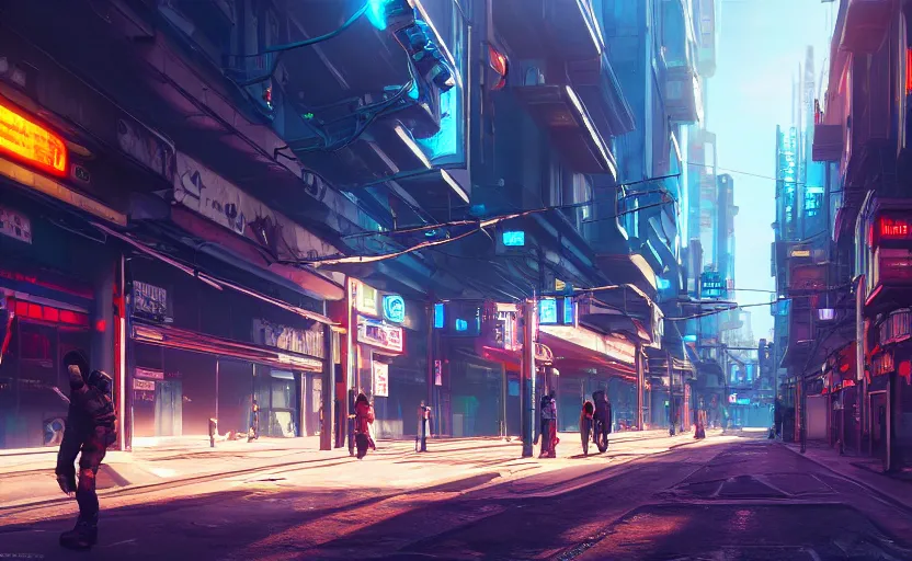 Image similar to photorealistic cyberpunk city streets. daylight. sunlight. lens flare. light fixtures. 8 k. detailed. photorealism. artstation. 2 5 mm f 1. 7 a