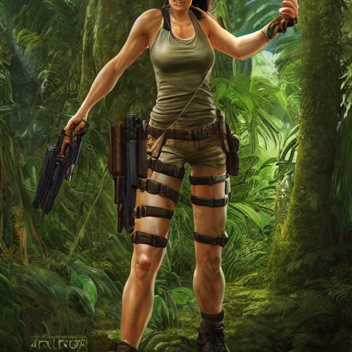 Image similar to lara croft in jungle, au naturel, hyper detailed, digital art, trending in artstation, cinematic lighting, studio quality, smooth render, unreal engine 5 rendered, octane rendered, art style by klimt and nixeu and ian sprigger and wlop and krenz cushart.