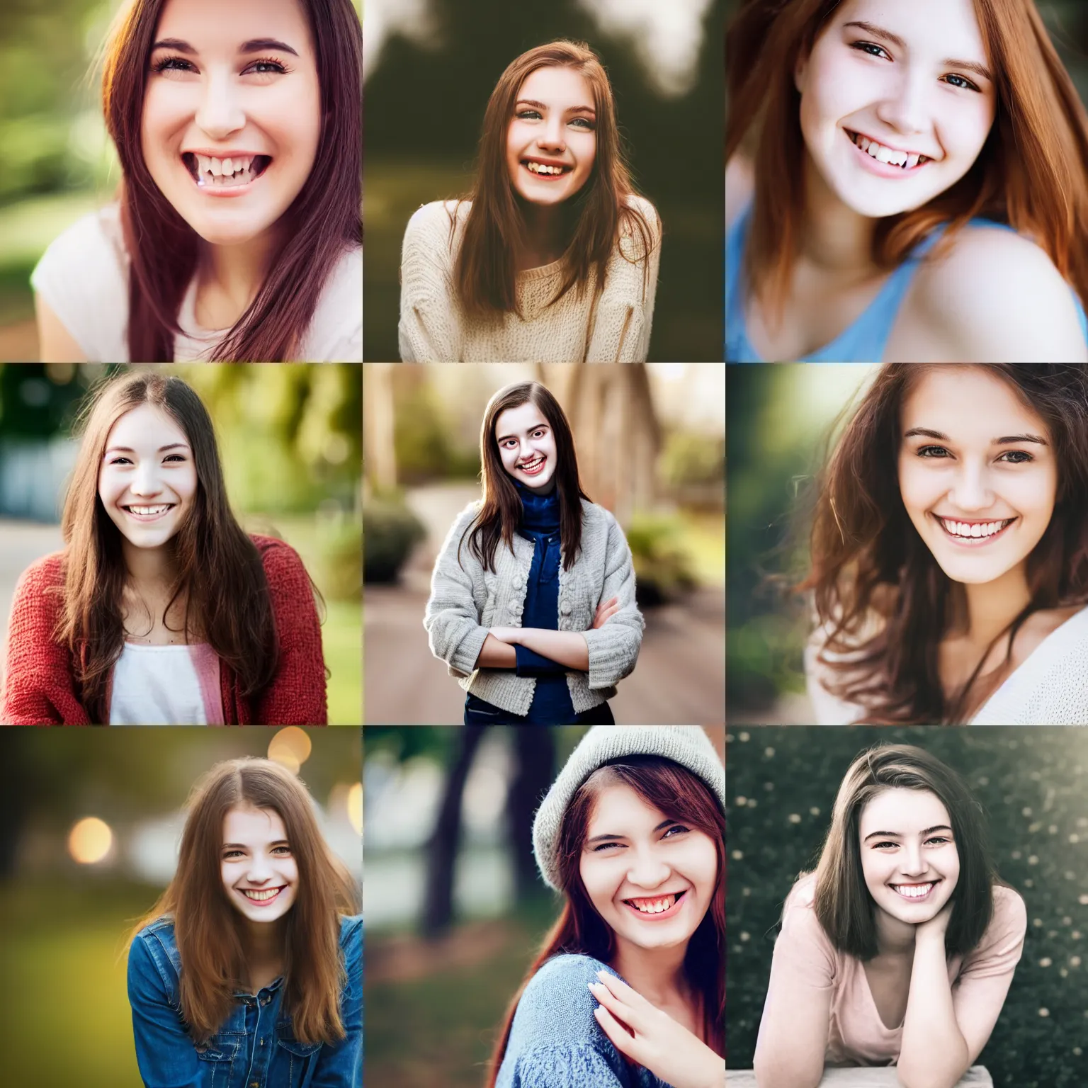 Prompt: Cute 20 year old woman smiling and posing, bokeh, photography