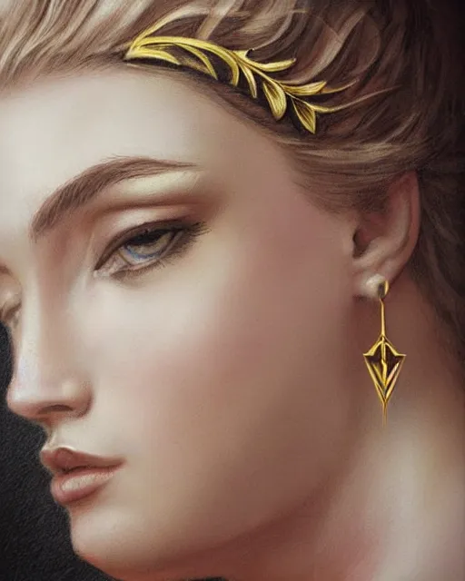 Prompt: tattoo sketch of blonde super model aphrodite greek goddess wearing a gold laurel wreath and triangle earrings, beautiful piercing gaze with sharp pupils, in the style of greg rutkowski, fantasy, amazing detail, epic, elegant, smooth, sharp focus, front view