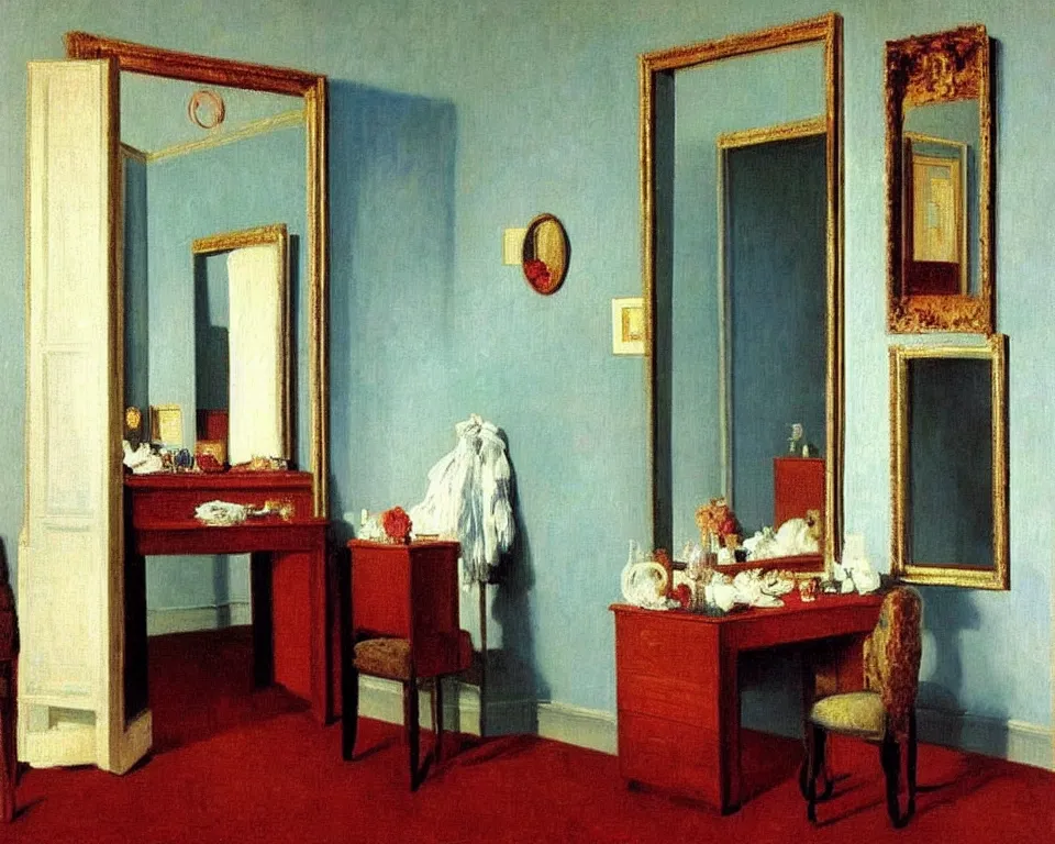 Prompt: achingly beautiful painting of a sophisticated, well - decorated dressing room by rene magritte, monet, and turner. whimsical.