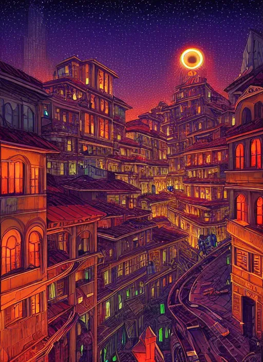 Image similar to ethereal starlit city at sunset, italian futurism, da vinci, Dan Mumford, Josan Gonzalez