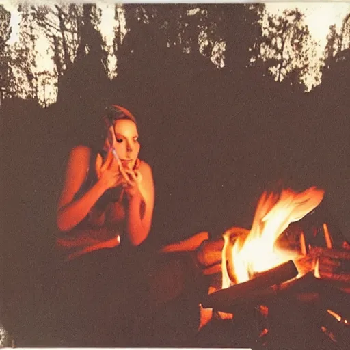 Image similar to polaroid shot of jennifer lawrence smoking at a campfire