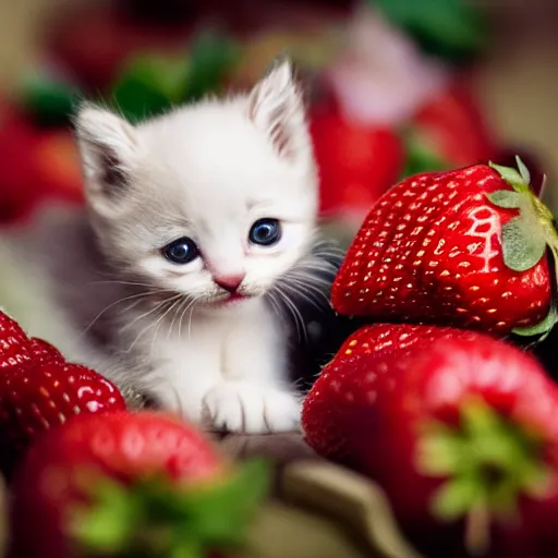 Prompt: macro shot photograph of an extremely tiny baby kitten lying on top of a gigantic strawberry