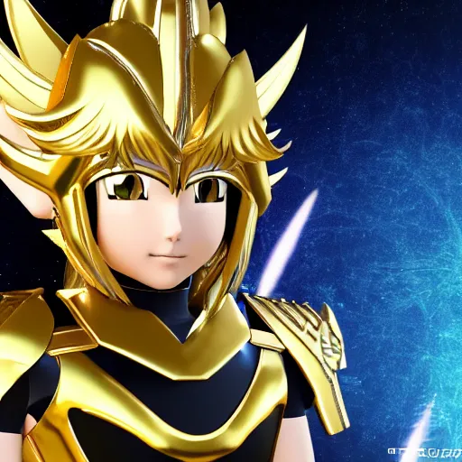 Image similar to photorealistic full shot of Saint Seiya knight wearing golden and silver Cat armor as a anime girl, detailed, inspired by Masami Kurumada, unreal engine 4k, textured