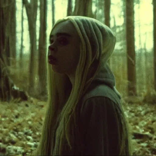 Prompt: found footage of Billie Eilish as the witch in The Blair Witch Project, movie still, horror