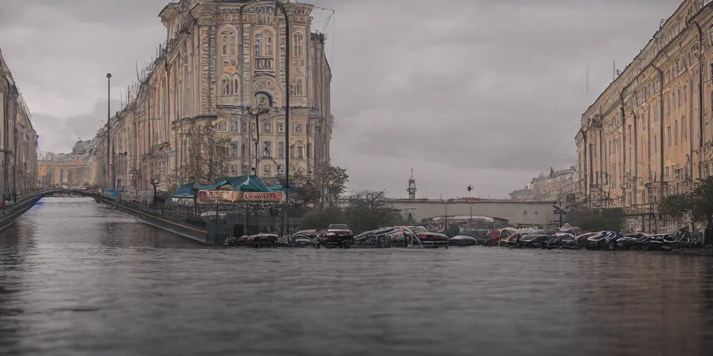 Prompt: cinematic street shot of a floating hoverboarding city saint petersburg city, telephoto, anamorphic cinematography, beautiful composition, color theory, leading lines, photorealistic, moody volumetric lighting