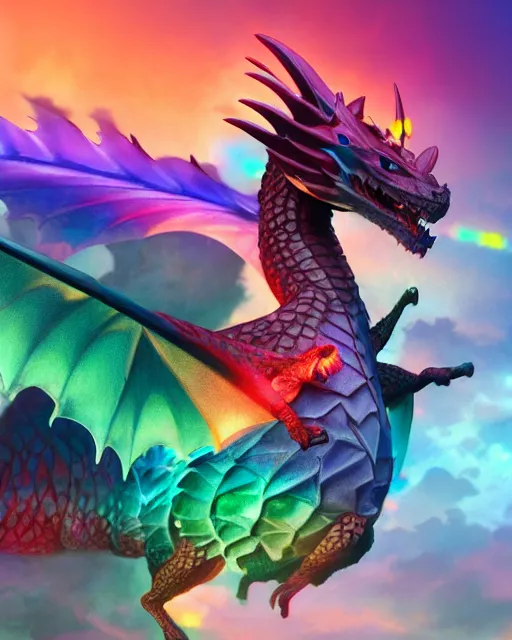 Image similar to 3d render of a dragon with rainbow colored scales, art by greg rutkowski and studio ghibli, octane render, macro, trending on artstation, golden ratio, anatomy, studio ghibli color scheme