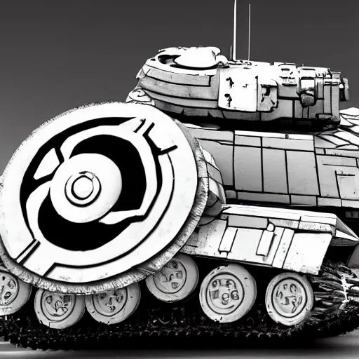 Image similar to heavy armor battle tank painted in white and black yin - yang dao symbol blasting away at dystopia, cosmos backdrop