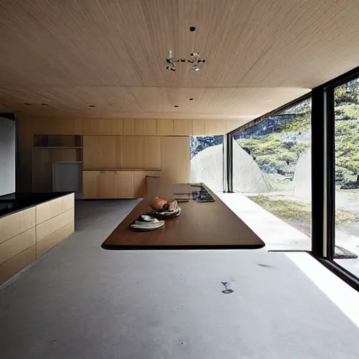 Prompt: “extravagant luxury modern kitchen, interior design, Japanese and Scandinavian and New Zealand influences, natural materials, by Tadao Ando and Koichi Takada”