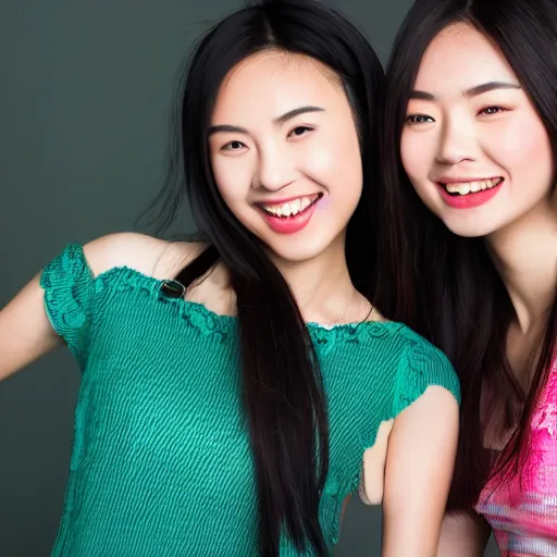 Image similar to close up studio shot of a group of beautiful young mixed Chinese Japanese women, long black hair, green eyes, laughing, photorealistic,8k, XF IQ4, 150MP, 50mm, F1.4, ISO 200, 1/160s, natural light