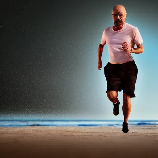 Image similar to Walter White running on the beach, artistic, 8k, cinematic, accurate, symetric, face, dramatic lighting, pastel colours