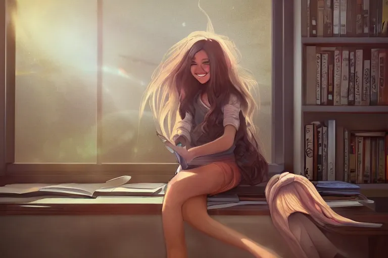 Prompt: early in the morning, a beautiful girl with long hair bathed in the sunshine in front of the classroom window, sitting at a desk full of books, smiling at me sideways, trending on artstation.