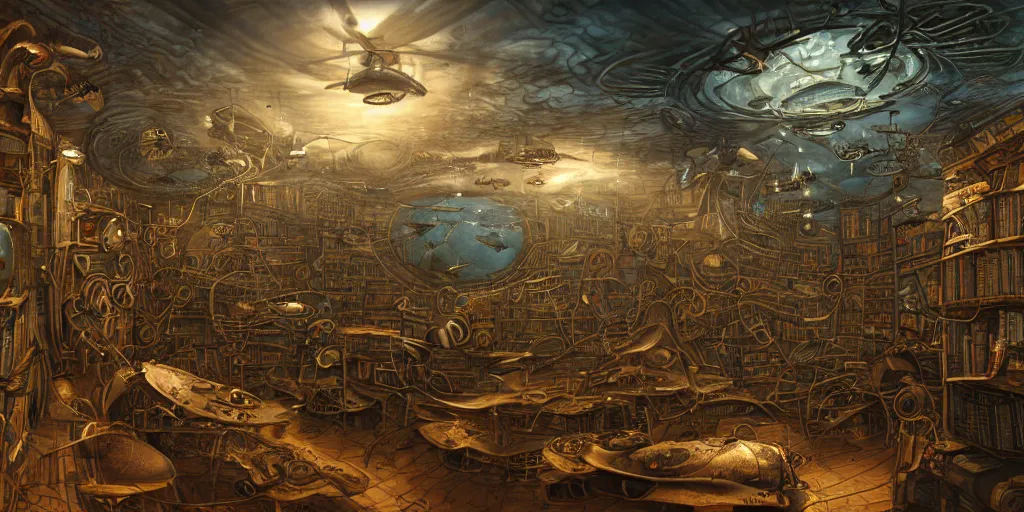 Image similar to cyborg fly in sky steampunk oceanographer study, maps crowding the walls, bookshelves, paintings of ocean topography, sonar equipment, marine biologist lab, bookshelves, incandescent lighting, unreal engine, bibliopunk