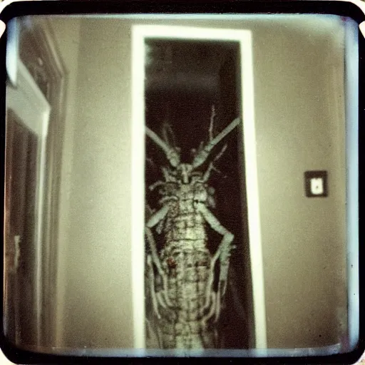 Image similar to a terrifying insect monster at the end of a hallway, dark!, creepy, nightmare fuel!!!, unsettling, uncanny valley!, old polaroid, expired film,