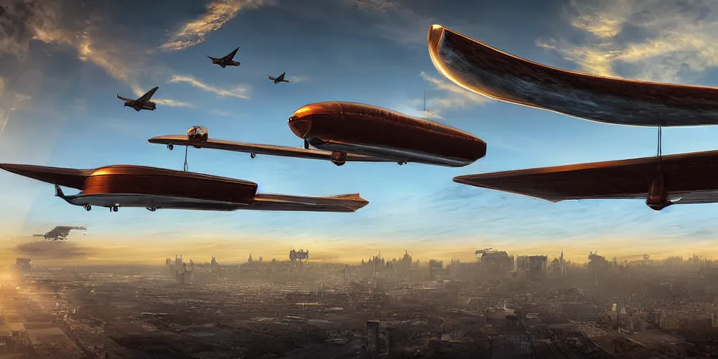 Prompt: Steampunk Air Haven, old school zeppelin, byplanes, landing platform digital Art, sunset lighting